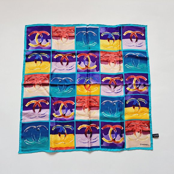 NEW Chanel CC Logo 100% Silk Multicolor Scarf 26" x 26" - Picture 2 of 11